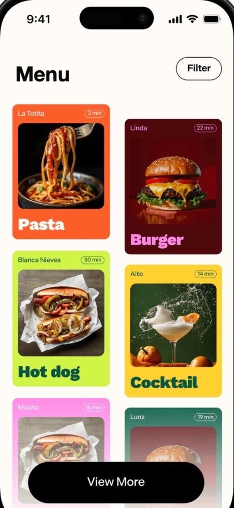 Pantalla de un menú digital con platillos y tiempos de entrega